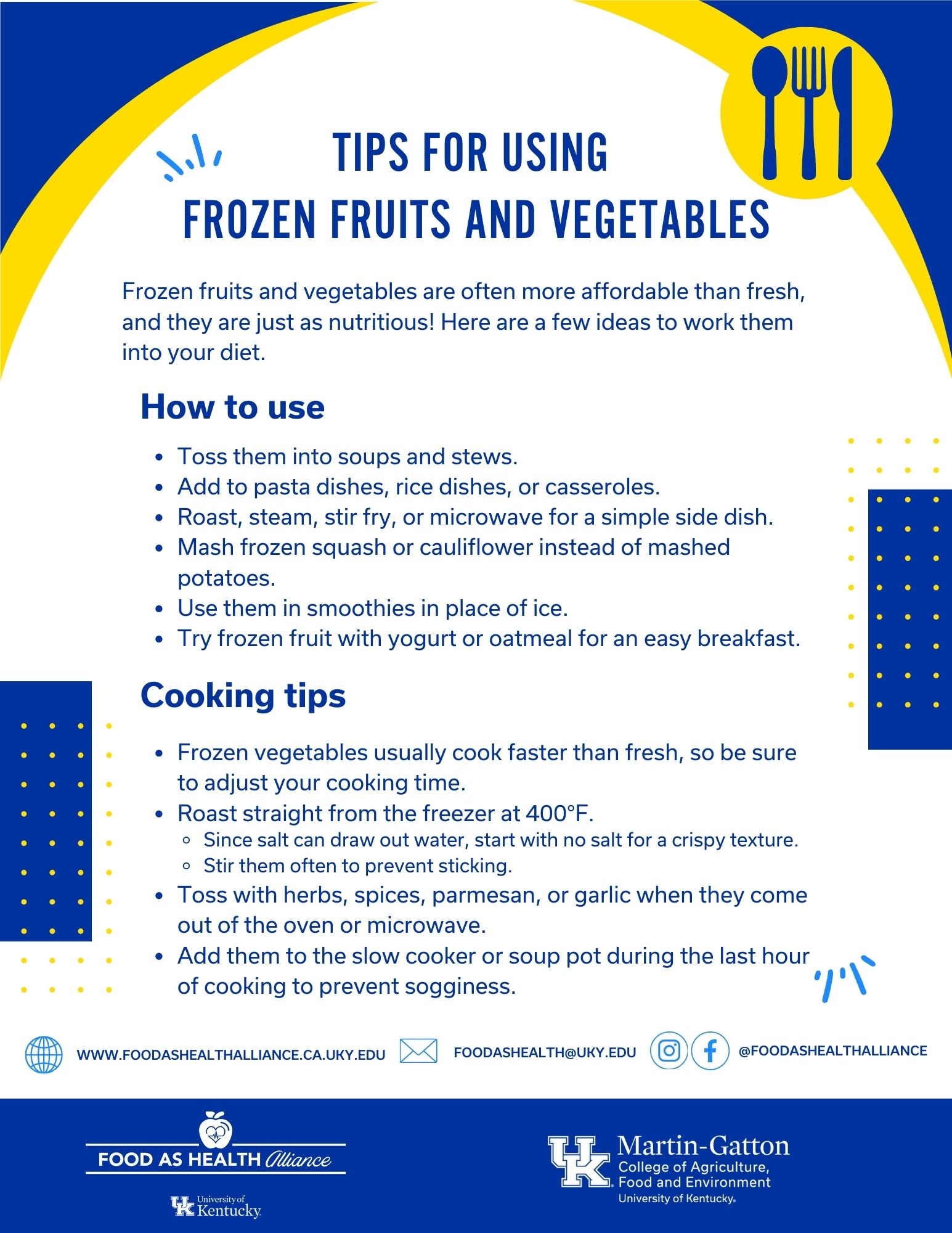 picture of handout about Tips for using frozen fruits and vegetables